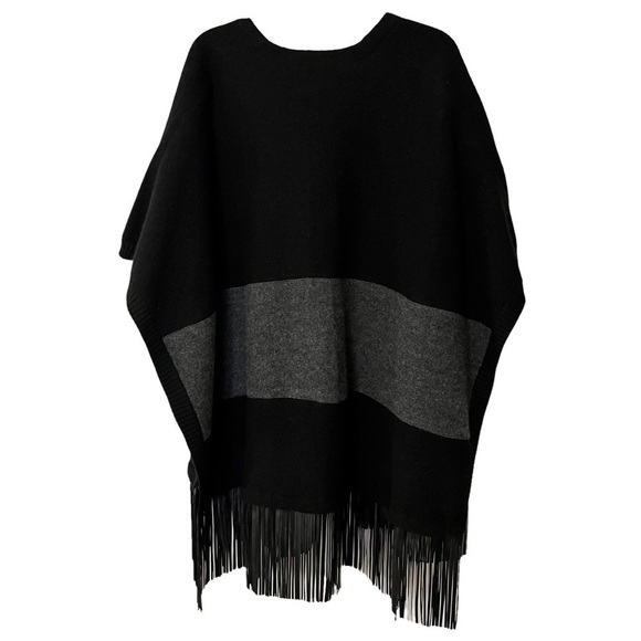 PH5 Pure Wool Oversized Square Cape Sweater Poncho with Fringe Bottom S Boho - Picture 9 of 16